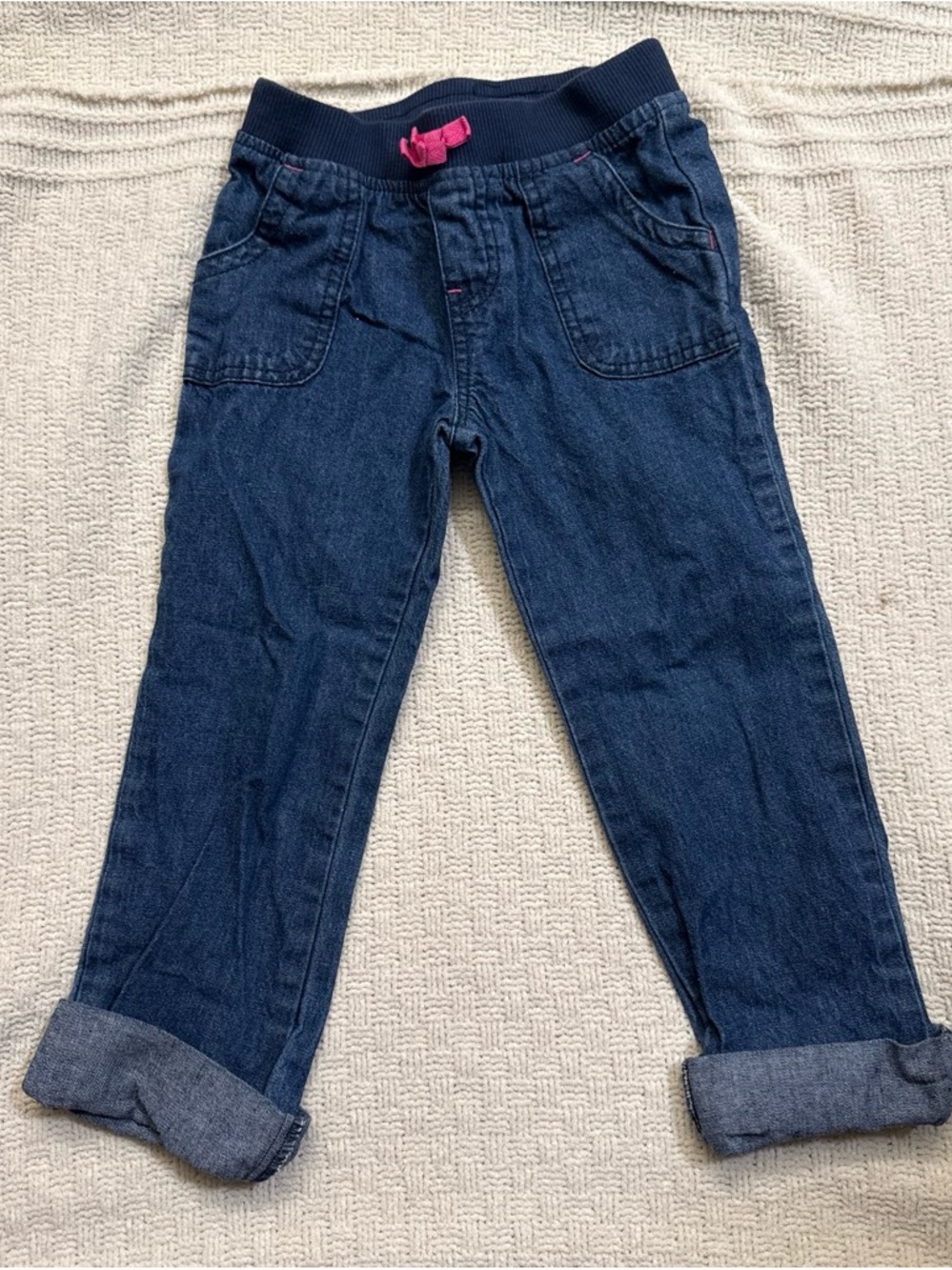 Kids Dark Blue Denim Pants with Pink Drawstring